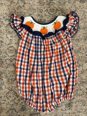 The Smocked Flamingo Pumpkin Gingham Bubble- Size 2T